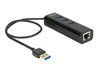 DeLock USB 3.0 Hub 3 Port + 1 Port Gigabit LAN 10/100/1000 Mb/s - hubb - 3 portar 62653