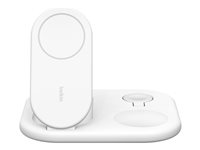 Belkin BoostCharge 3-in-1 trådlöst laddställ - magnetisk, hopfällbar, med Qi2 - + växelströmsadapter - 15 Watt WIZ029vfWH